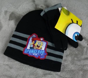 Spongebob Squarepants Hat Glove Set 2pc Boys Cold Weather Knit Black New - Picture 1 of 5