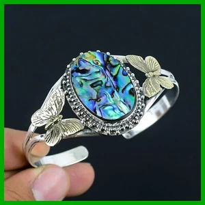 Abalone Shell Gemstone Butterfly And 18K Gold Plated Bangle Bracelet 925 Silver - Bild 1 von 6