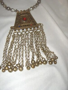 Vintage Pakistan Mid Eastern Collar Bib Brass Necklace Pendant Red Cabochon - Picture 1 of 6