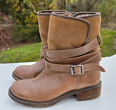 Lucky Brand Women Sz 6M Leather Faux Fur Boots Buckle Side Slit Pull On Brown - Image 1 of 4