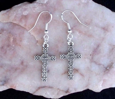 Tibetan Silver Cross ,925 Silver Hook Earrings.Handmade In Gift Bag Foto 1 de 4