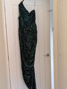 Ladies Long One Shoulder Sequinned Dress With Split Size 16 BNWT - Picture 1 of 4