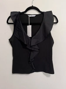 MANGO Black Sleeveless Women’s Shirt Ruffle Tank Top NWT Sz Small - Picture 1 of 8