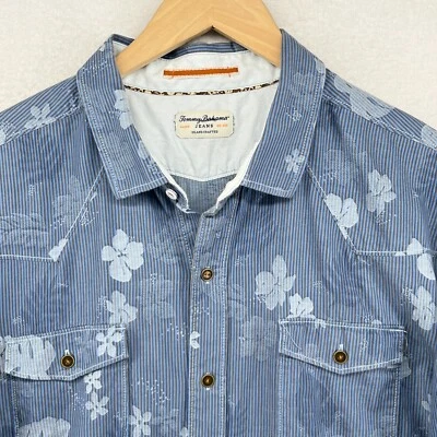 TOMMY BAHAMA 衬衫男式 XL 牛仔岛工艺花卉条纹牛仔棉蓝色 — 第 1/4 张图片