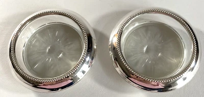 B-1 Sterling Silver Beaded Rimmed Glass Crystal Vintage Coasters Set of 2 - Image 1 of 4
