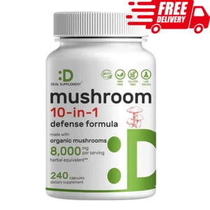 Mushroom Complex Supplement 10 in 1, 8000mg 240 Caps Immune Energy Brain Support - Picture 1 of 11