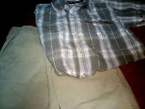 3 T Boys Khaki Plaid Shirt & Okie Dokie Corduroy pull up Beige Pants - Picture 1 of 6
