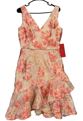 Vestido Carmen Marc Valvo Talla 6 Rosa Floral Cuentas Volantes Metálico Nuevo con Etiquetas $318 Foto 1 de 4