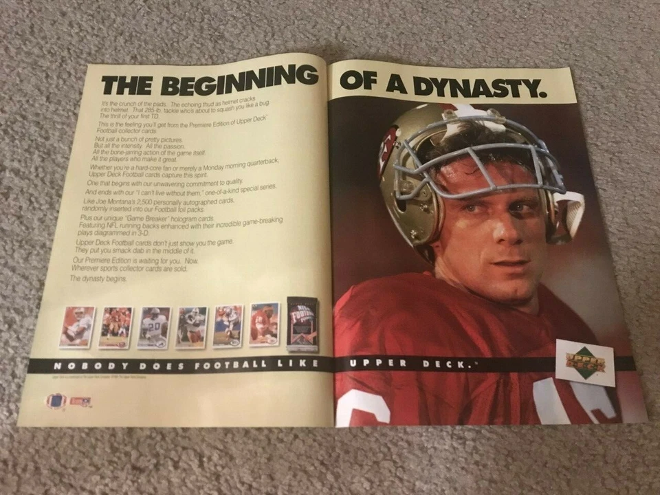 Tarjetas de fútbol americano 1991 cubierta superior paquetes de papel aluminio anuncio impreso Joe Montana Jerry Rice Marino Foto 1 de 1