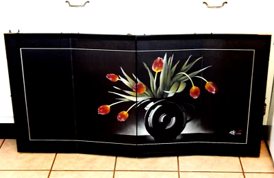 Impresión en Bloque de Madera Original Japonés Plegable Rosa y Negro Tulipanes Enorme 24x48 Foto 1 de 4