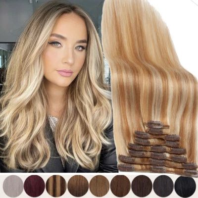 Extensiones de cabello humano ruso clip en/en trama de cabeza completa Remy real mezcla rubia 8 piezas Foto 1 de 4