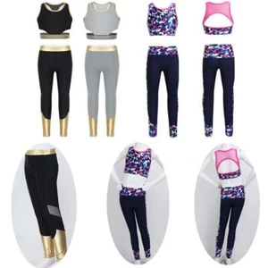 Kids Girls Metallic Tracksuit Sport Tanks Crop Top Athletic Leggings Set Workout - Picture 1 of 39