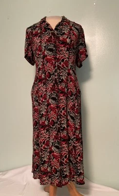 Vestido midi vintage años 90 Y2K rayón arrugado negro rojo blanco botón delantero talla L P Foto 1 de 4