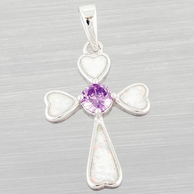 Cruz Simulada Amatista Corazón Blanco Ópalo de Fuego Plata Joyería Collar Colgante Foto 1 de 4