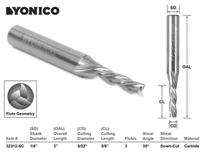 5/32" Dia. 3 Flute Downcut CNC Router Bit - 1/4" Shank - Yonico 32312-SC - Picture 1 of 1