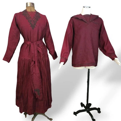 Antique Edwardian 1910s Early 20s Wool Maroon Men's & Women's Dress & Shirt Set - Image 1 of 4