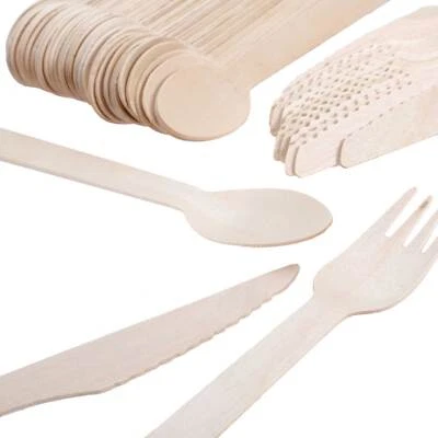 100/Pkt Wooden Cutlery Set Disposable Biodegradable Eco Knives Forks Spoons - image 1 of 3