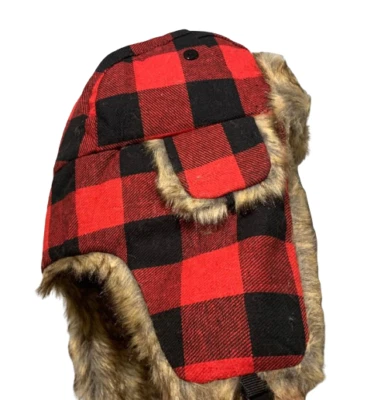 LUMBERJACK HAT Red Black Plaid Faux Fur Flaps Cap Adult Costume Buffalo Winter  - Image 1 of 4