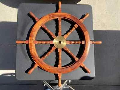 36" Classic Nautical Wheel, Wood and Brass - Image 1 of 4