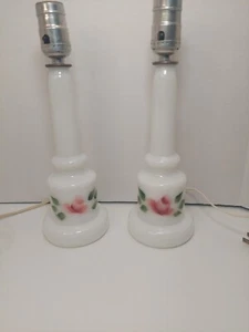 Vintage Milk Glass Lamp 12" Tall Hand Painted Flowers Roses Set Of 2 Cottagecore - Picture 1 of 16
