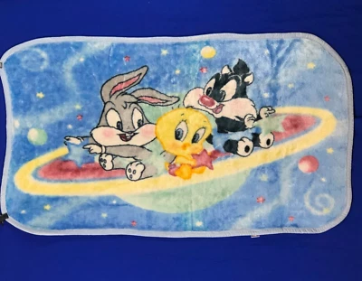 VTG Baby Looney Tunes Plush Blanket Sylvester Bugs Bunny Tweety Bird Space HOLE - Image 1 of 4