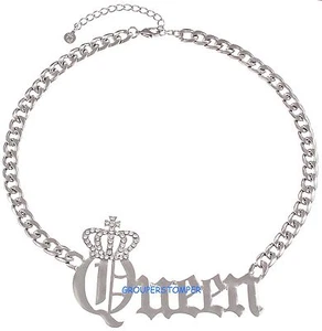 Queen Necklace New Crowned Pendant with 16 Inch Long Cuban Link Chain - Picture 1 of 8