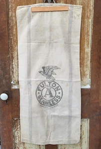 Antique Fulton Seamless 2 Blue & 1 Red Stripe fabric grain sack hemp linen - Bild 1 von 7