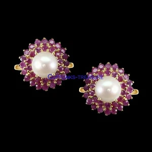Natural Ruby & Pearl Gemstone with 925 sterling silver Gold Plated Cufflinks  #2 - Picture 1 of 3