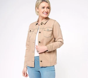 NEW Susan Graver 1X Stretch Denim Jacket with Fray Trim in Light Brown QVC 7072 - Picture 1 of 5