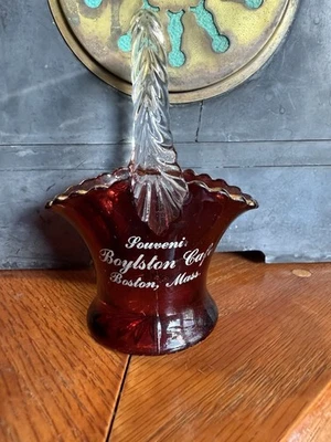 Antique Ruby Stain Glass Advertising Souvenir Basket Boylston Cafe Boston Mass - Image 1 of 3