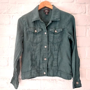 JNY 100% Linen Trucker Jacket Womens Small Green Lightweight Pocket Button Front - Picture 1 of 8
