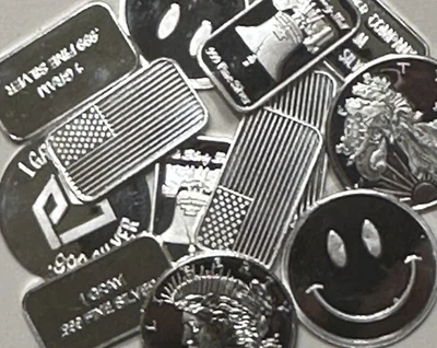 25 Piece Assorted Design Grab Bag Of 1 Gram .999 Silver Bars & Rounds - Image 1 of 2