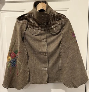 Just Angels Vintage Mixed Media Houndstooth Plaid Beaded Flower Cape Jacket XS - Picture 1 of 9