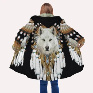 Native American Coat, Tribal Wolf Native American Hooded Cloak Coat, Native Amer - Picture 1 of 3