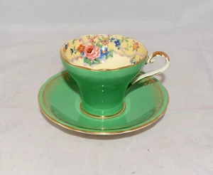 AYNSLEY Green + Cabbage Roses Flowers B5304 Vintage Cup & Saucer - Picture 1 of 7