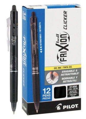 Pilot FriXion Clicker Erasable Gel Pens, 0.7 mm, Black, Pack of 12