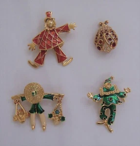 Vintage Enameled Brooch Clowns Lady Bug Women with Flower Baskets Four Items New - Picture 1 of 6