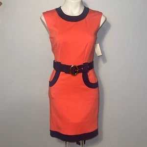 Trina Turk NWT ladies coral and navy sleeveless sheath dress. Size 4. Belted. - Picture 1 of 16