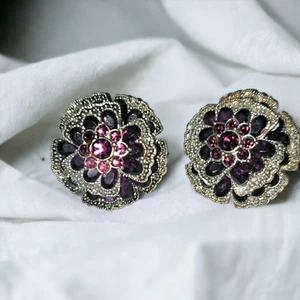 Earrings, Purple Rhinestone Flower Pierced Marquisite Pierced Earrings,  B102 - Picture 1 of 8