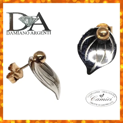Orecchini argento 925 bottone Damiano Argenti foglia rodio bianco e rosa - Immagine 1 di 2