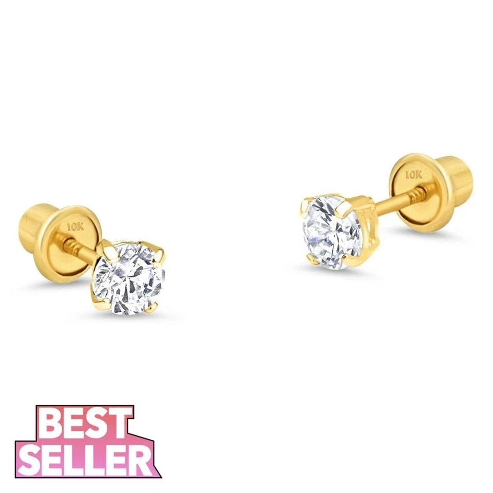 Aretes pequeños de diamantes genuinos atornillados en oro amarillo macizo de 10 k Foto 1 de 2
