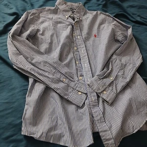 Ralph Lauren Custom Fit Blue Striped Button Down Dress Shirt Large Men - Picture 1 of 16