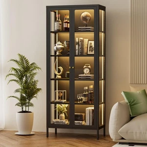 5-Tier Glass Display Cabinet with LED Lights, 67" Tall Metal Curio Cabinets w... - Picture 1 of 9