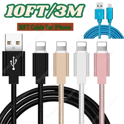 10Ft Long USB Fast Charger Cable For iPhone 14 13 12 11 8 Braided Charging Cord - Image 1 of 4