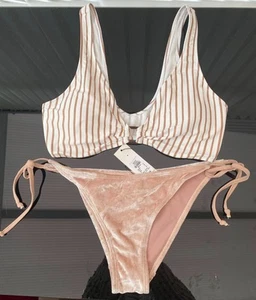 Size 12 Bikini Ecru White Velvet Tie Side Bottom, Stripe Coordinating Top BNWT - Picture 1 of 2