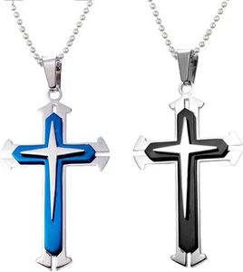 Zittop Pack of 2pcs Black and Blue Cross Pendant Necklace Chain (Blue, Black) - Picture 1 of 6