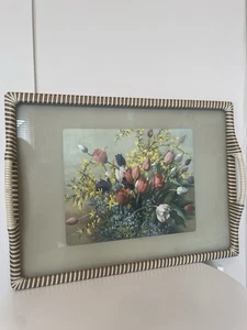 Vintage Tulip Large Tea Tray 60s Glass Topped Woven Retro Breakfast Tray - Picture 1 of 5