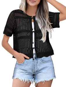 YZEGGO Womens Tie Front Cardigan Short Sleeve Summer Sweater Crochet Cropped ... - Picture 1 of 6