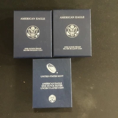 批量 3 枚美国鹰 1 盎司精铸银币,真品证明,2 - 2005 年带 1 - 2018 年 W — 第 1/4 张图片