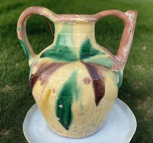 French Antique Double Handled Gargoulette Earthenware TerraCotta Glazed Pitcher - Picture 1 of 12